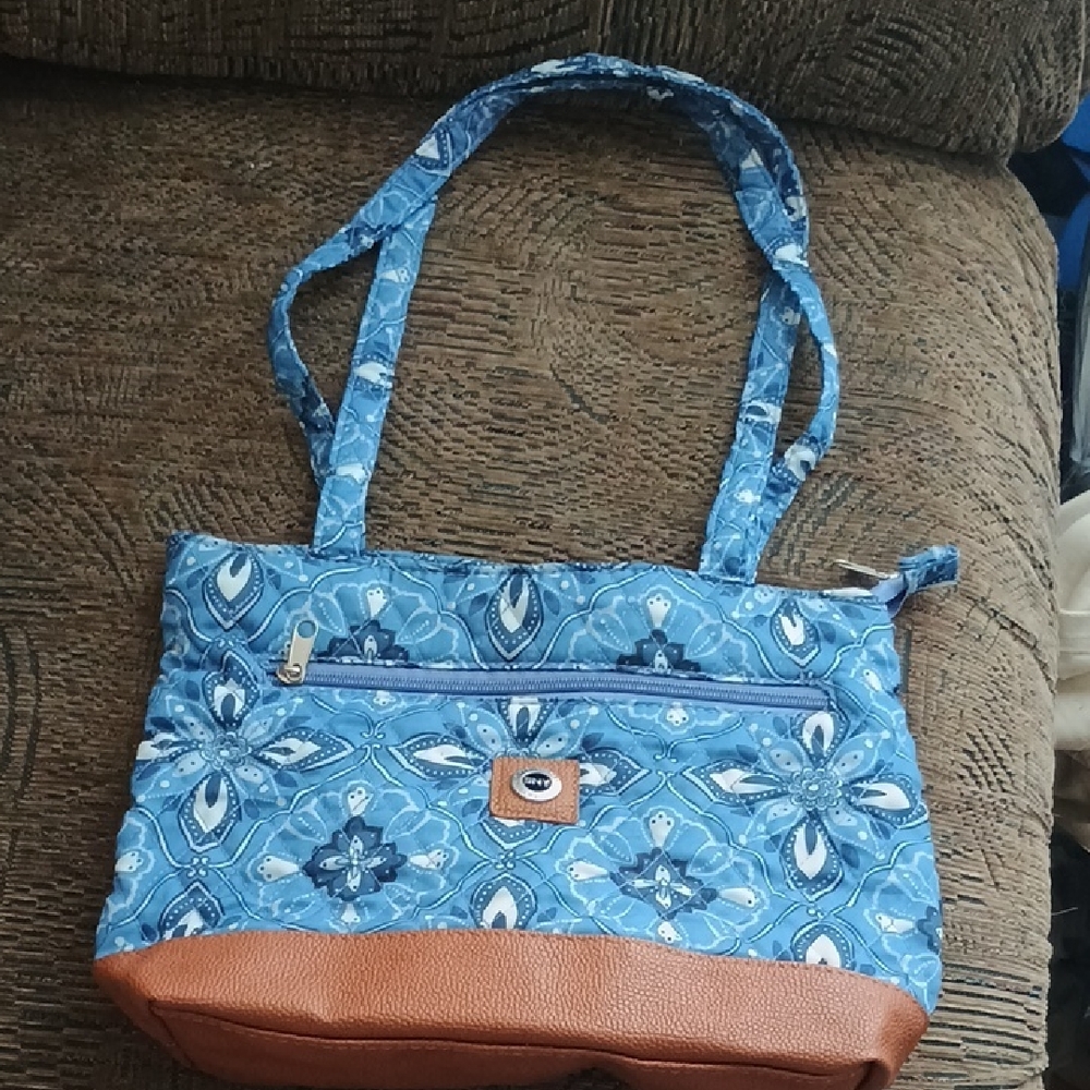 Blue Floral Tote Bag with Tan Accents